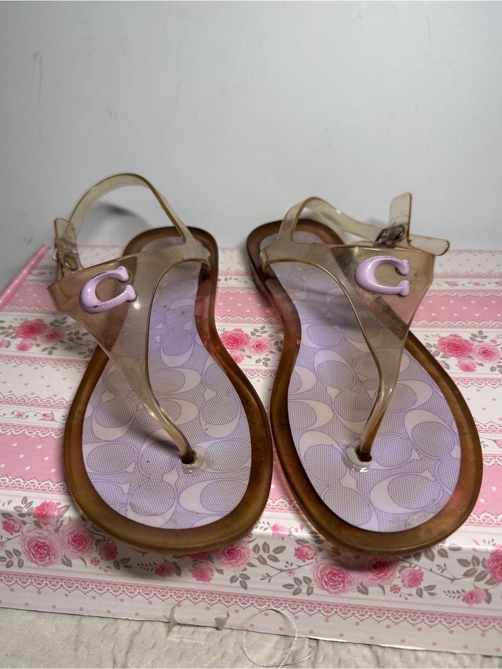 Coach Women's Clear Jelly Thong Sandals with Light Pink lavender Logo Accents
